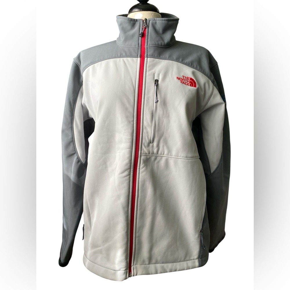 The North Face Grey & White Softshell Jacket with Red Trim